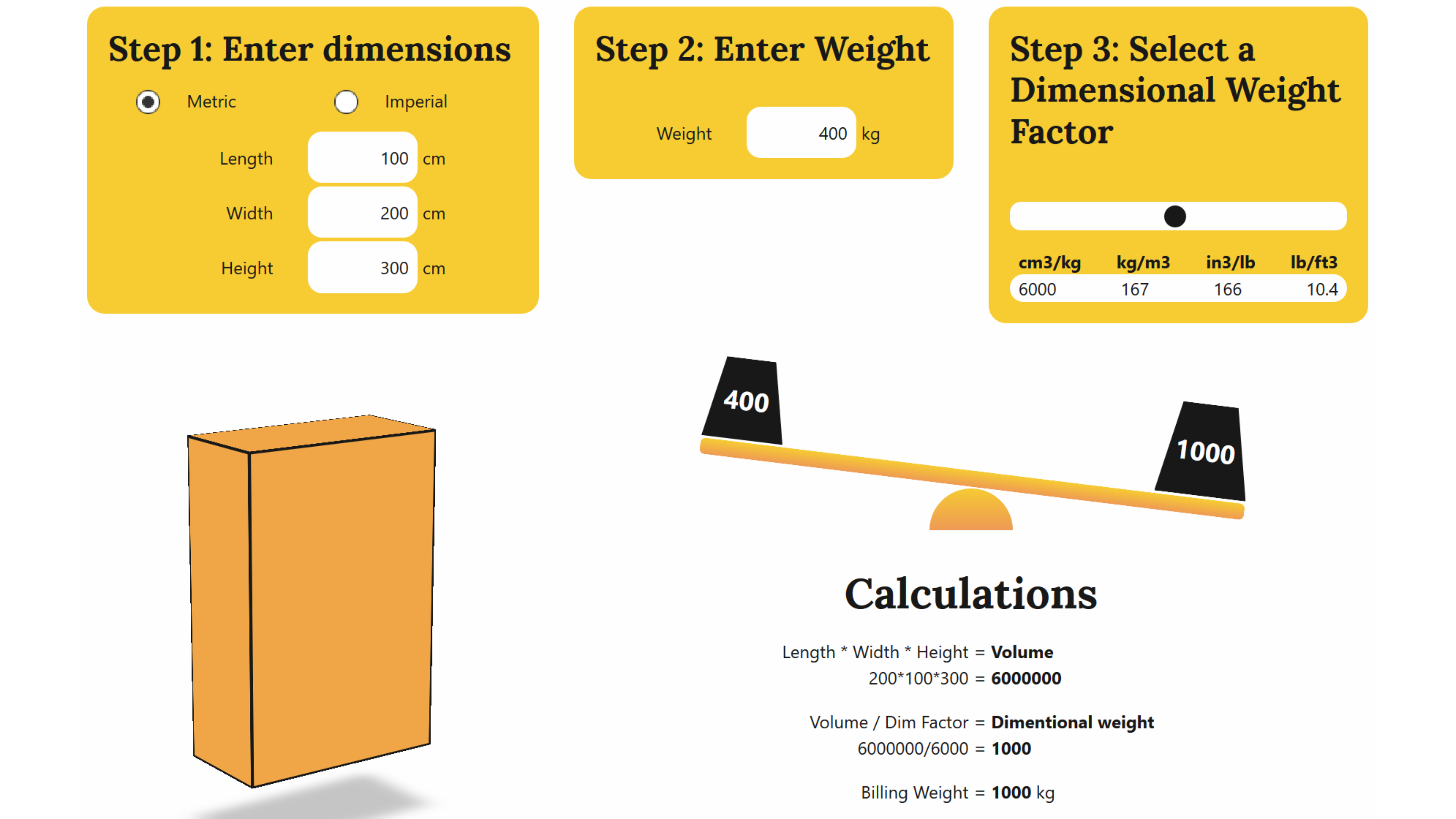 dimensional weight tool screen shot